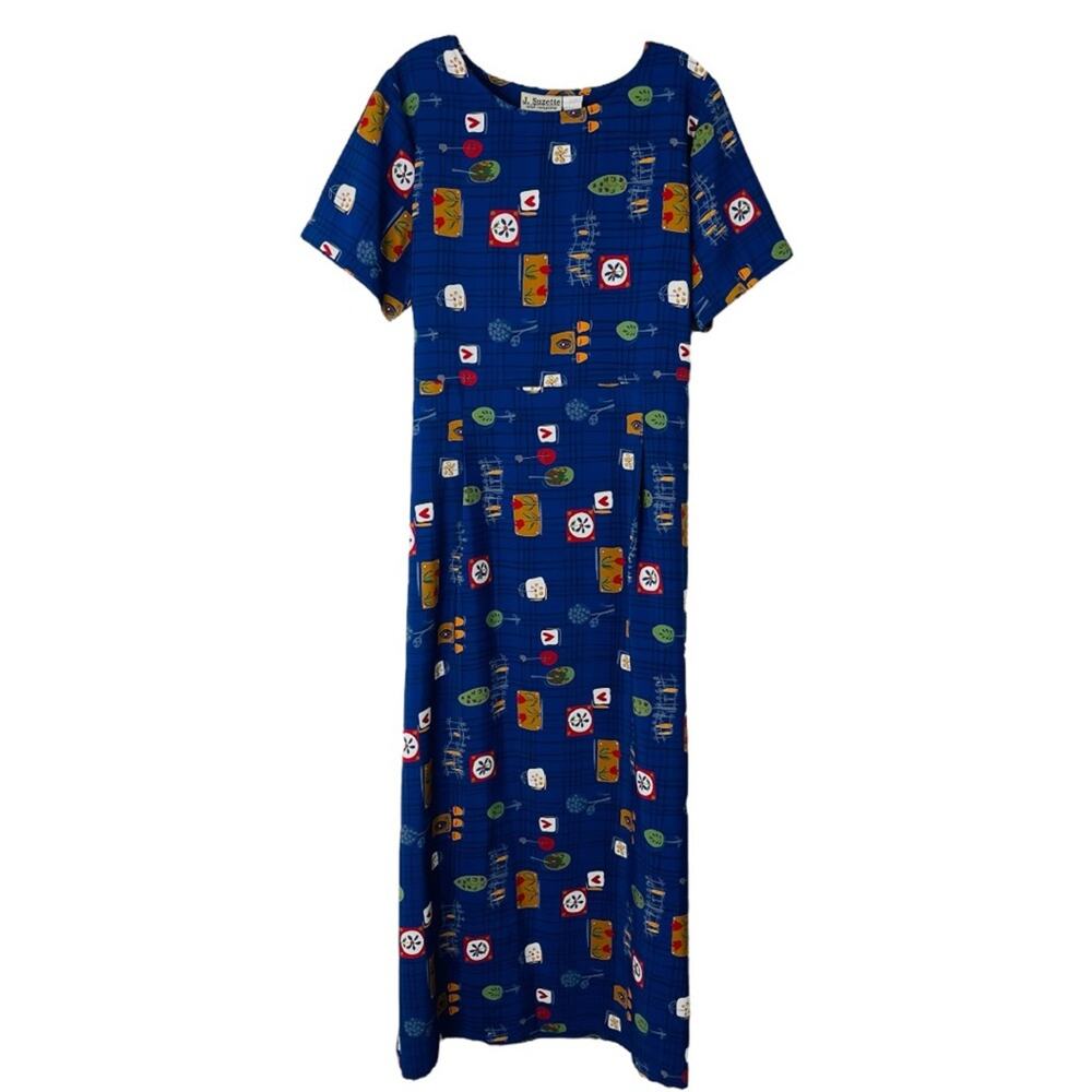 Vintage blue red novelty garden floral cottagecore maxi dress XL